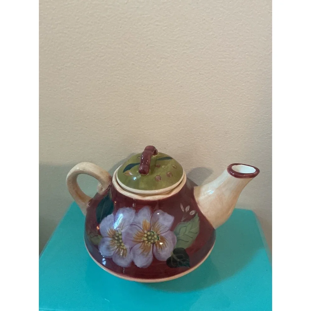VTG Barnes & Noble Cafe Floral Ceramic Teapot Burgundy Purple Flower Cottagecore